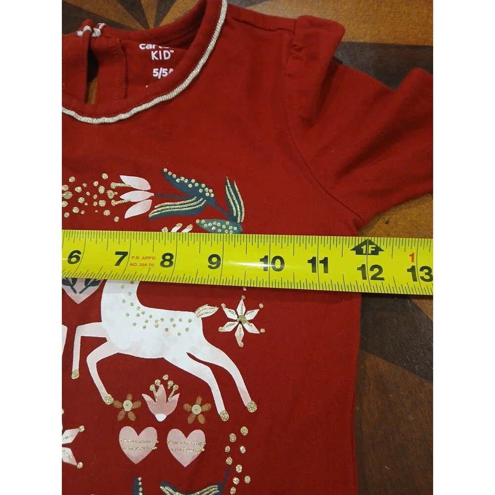 GIRLS CARTER'S 5 DARK RED L/S REINDEER HOLIDAY HEART FLORAL GOLD GLITTER TOP
